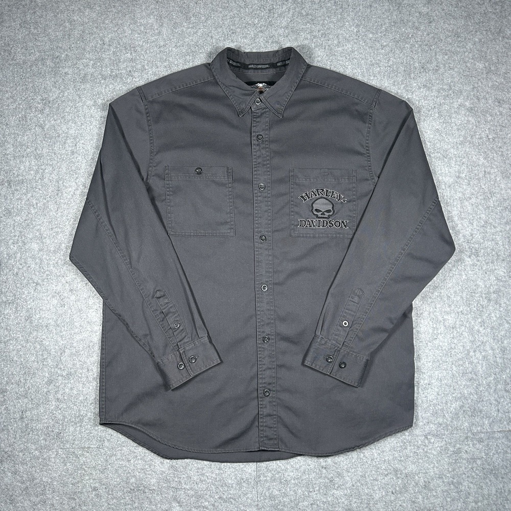 Harley Davidson Button Down Shirt Men's Size XL‎ Grey Double Aided Graphic Skull